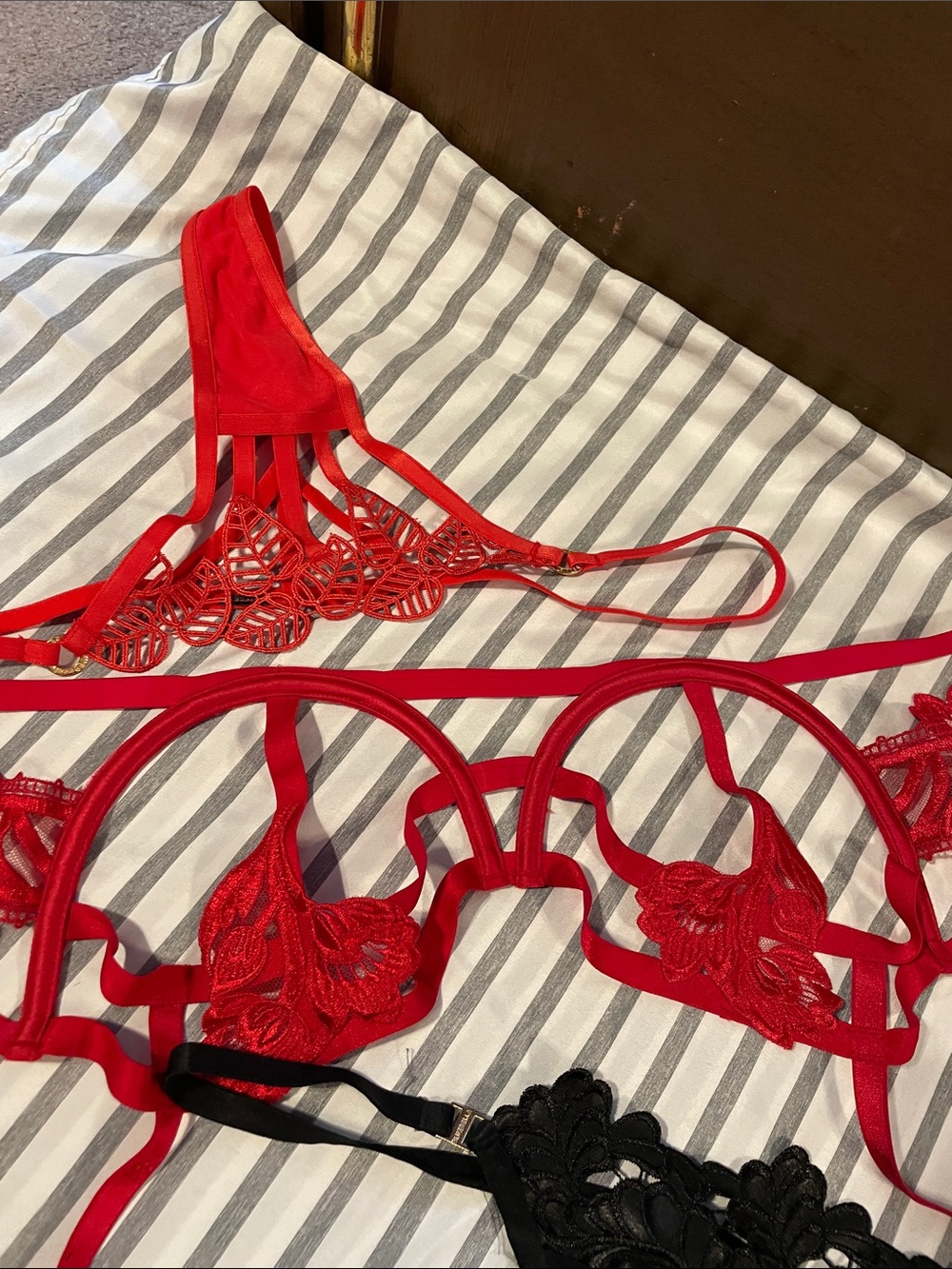 Three sets of Lacey, Strappy Lingerie Set, Red, Black and Blush - Picture 5 of 7